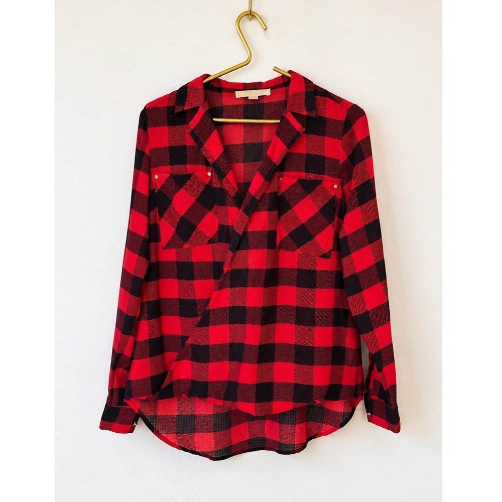 MICHAEL Michael Kors Plaid Blouse S Red Black Buffalo Check Studded Pockets
